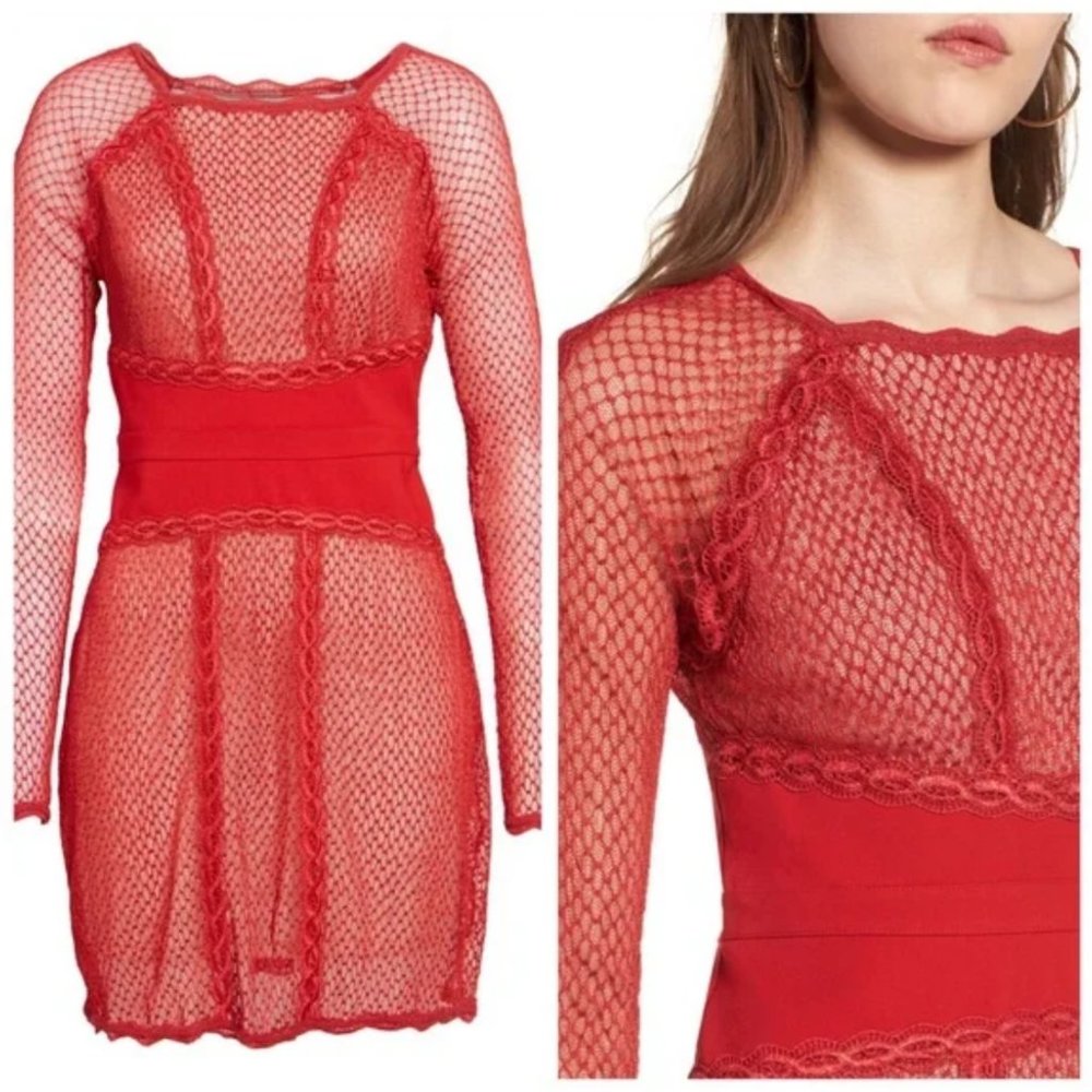 Free People Mixed Mesh Bodycon Dress Cherry Red